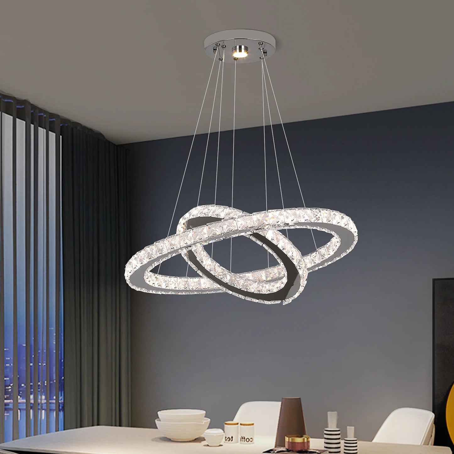 Dimmable LED Pendant Crystal Rings Chandelier