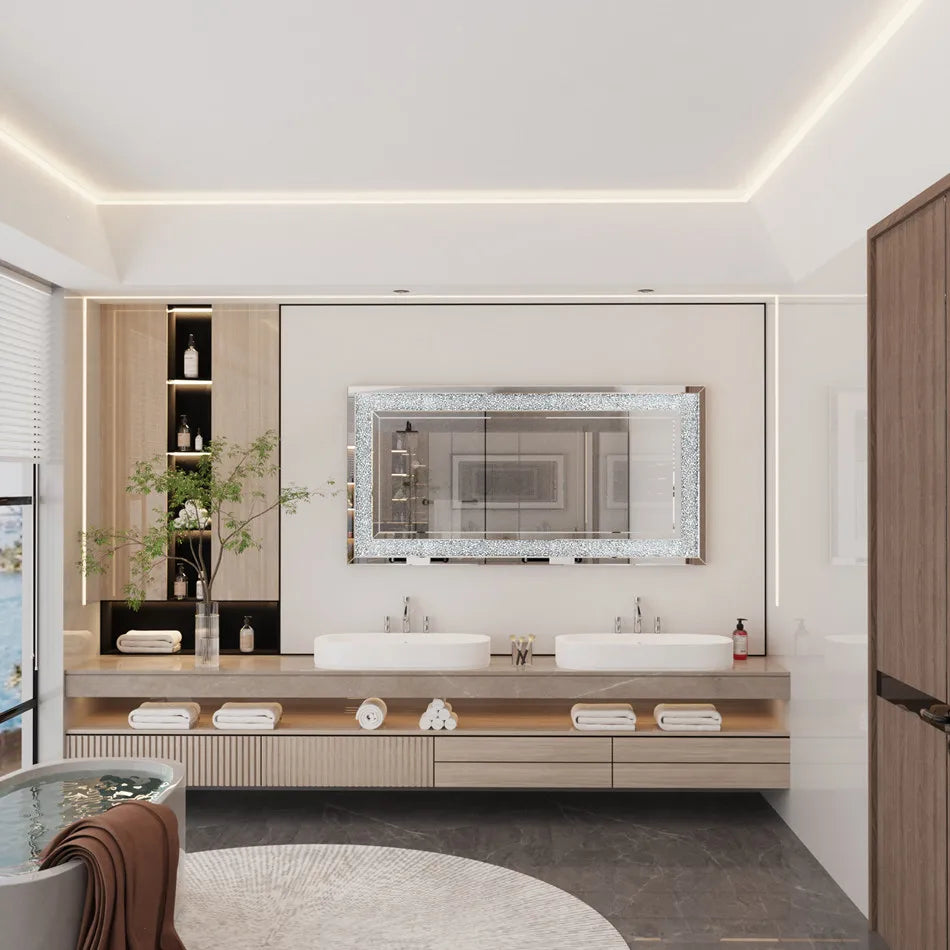 Wall-Mounted Large Rhinestone Diamond Frameless Vanity Mirror