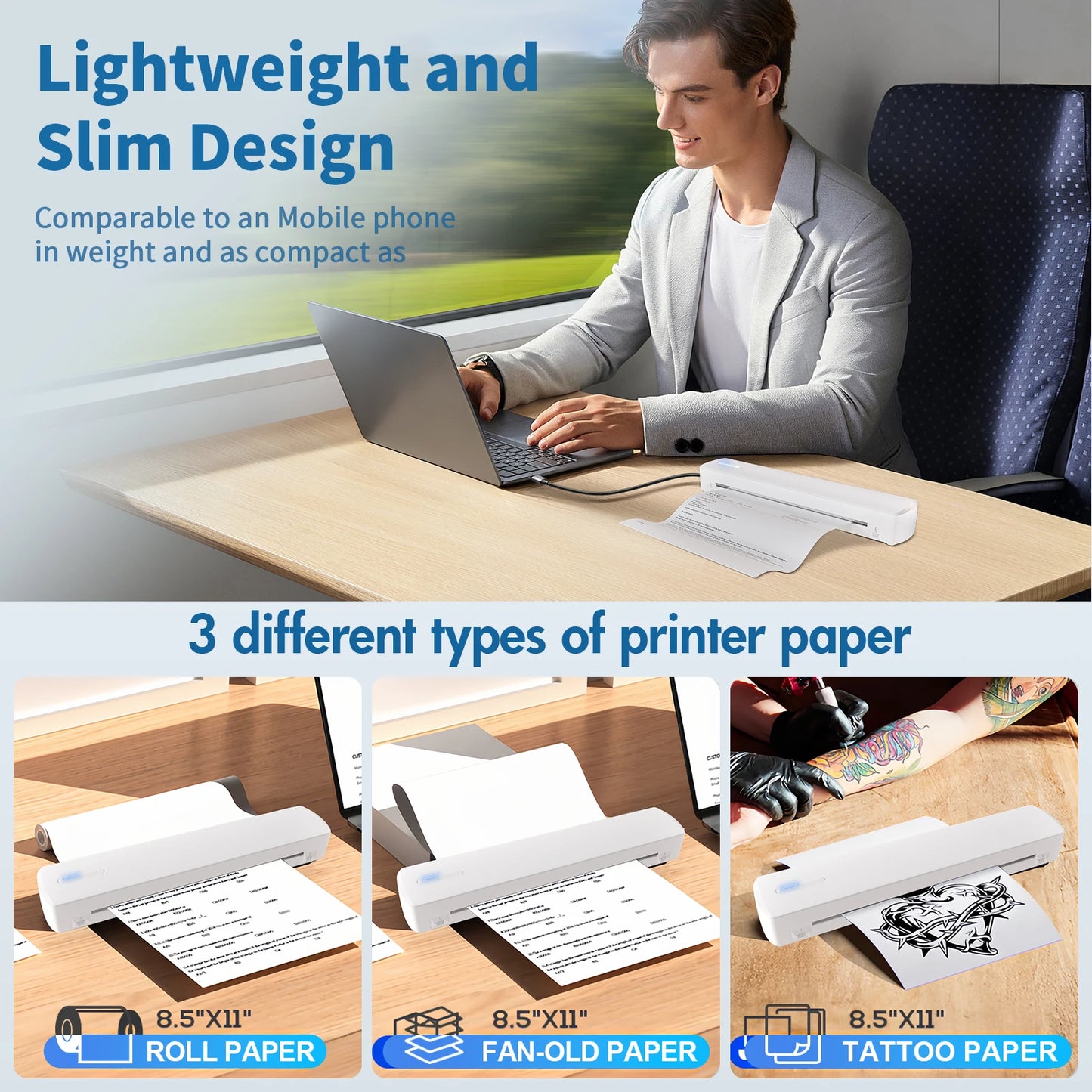 Portable Wireless Inkless Thermal Printer