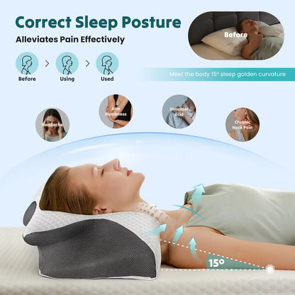 Ergonomic 23.6" x 13.8" Wide Cervical Neck Pillow Memory Foam Pillow with Cooling Pillowcase Cervical Contour Pillows