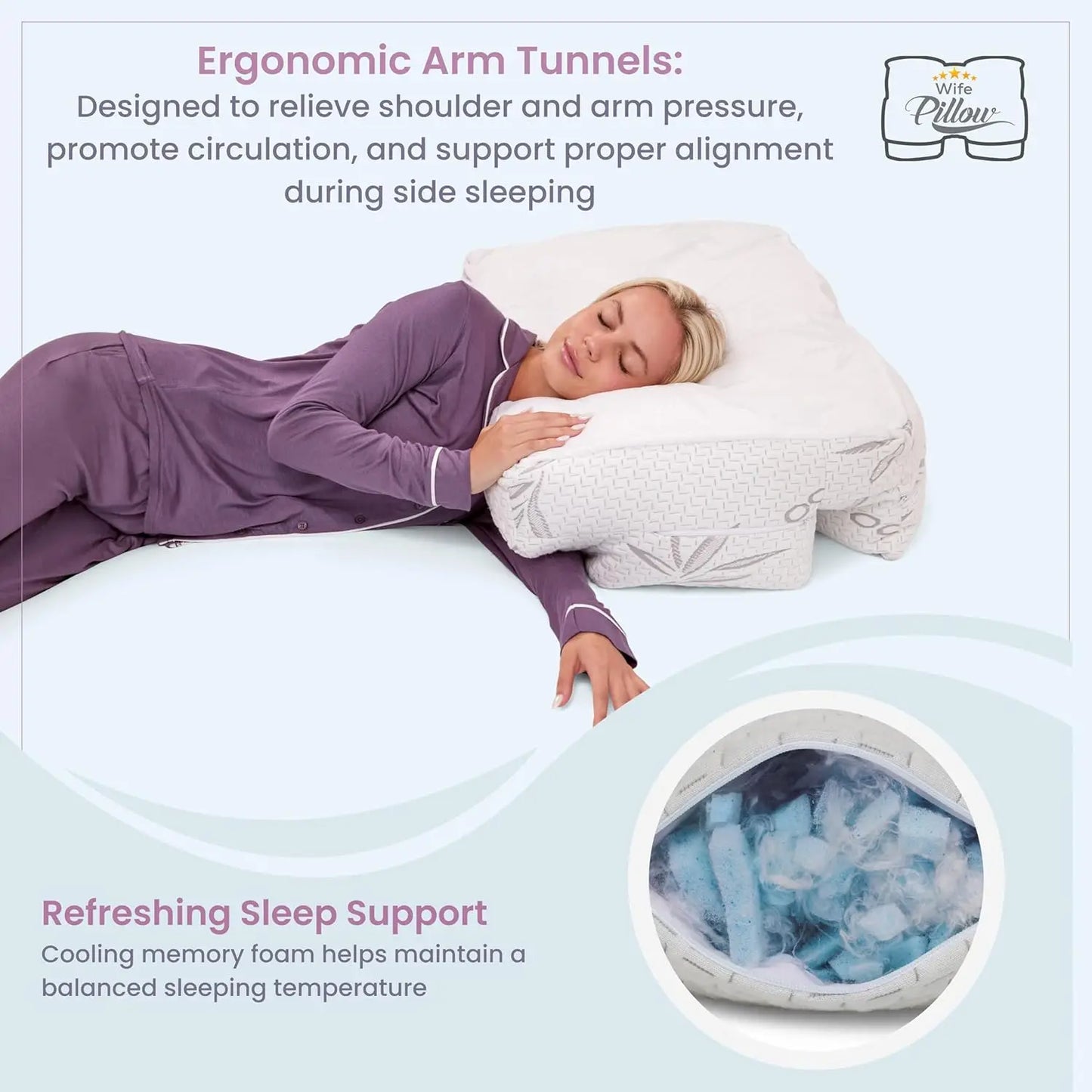Side Sleeper Pillow with Arm Hole for Shoulder Pain Relief, Neck Support & Cooling Memory Foam