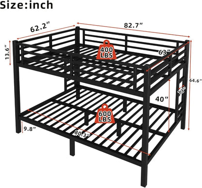 Heavy Duty Queen Over Queen Bunk Bed Frame, 400/600LB Capacity, Noise-Free Steel Slats, Black