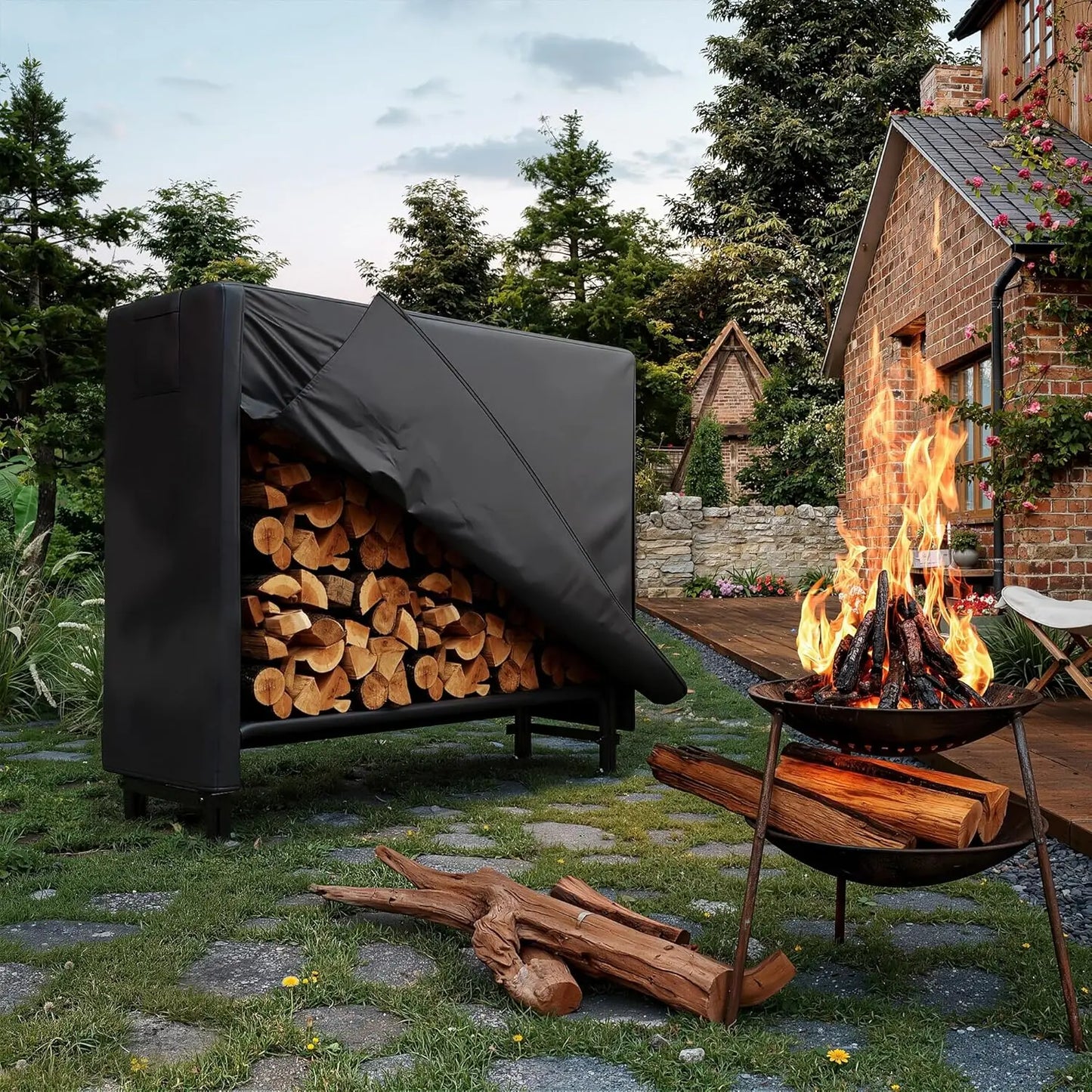 4ft Firewood Rack with Waterproof Cover, Outdoor Firewood Holder