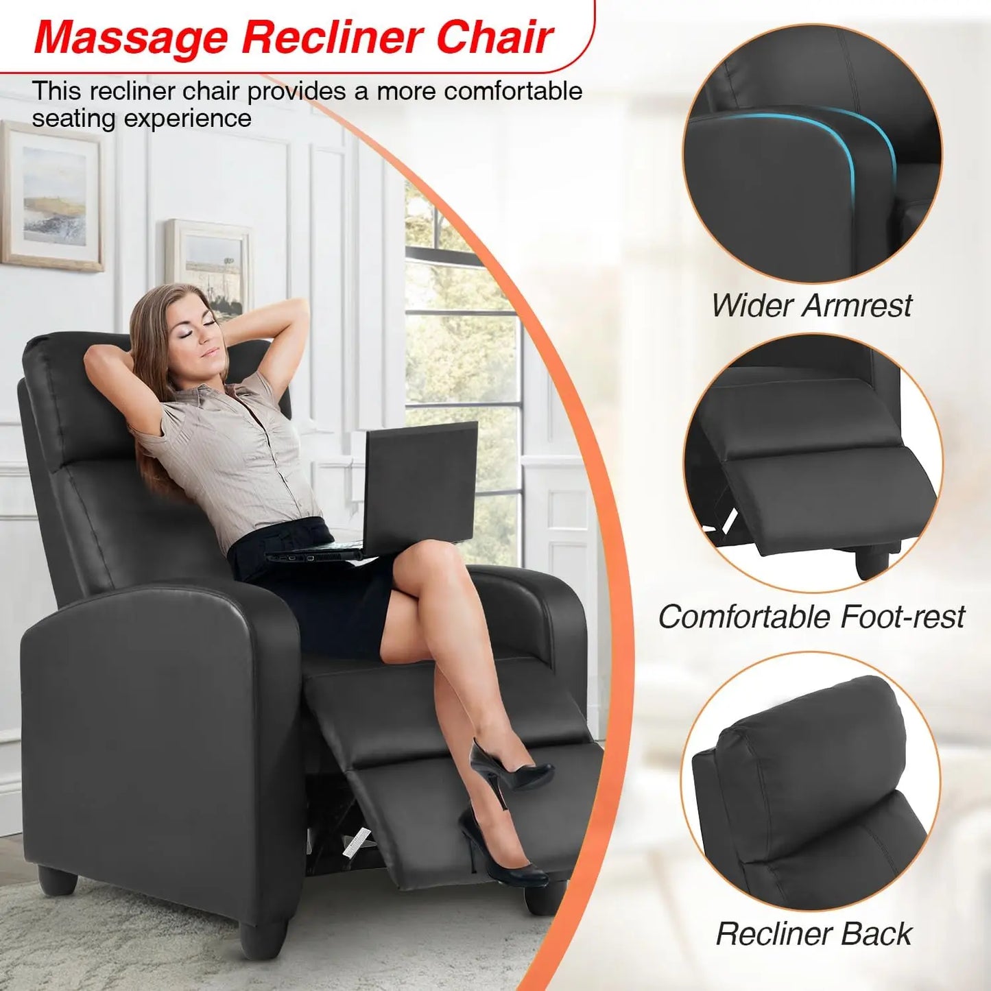 Massage Recliner Chair with Lumbar Support and Adjustable Backrest
