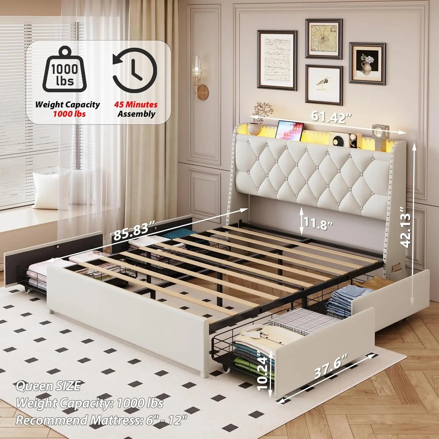 Beige Queen Size Bed Frame with 4 Drawers & Storage Headboard