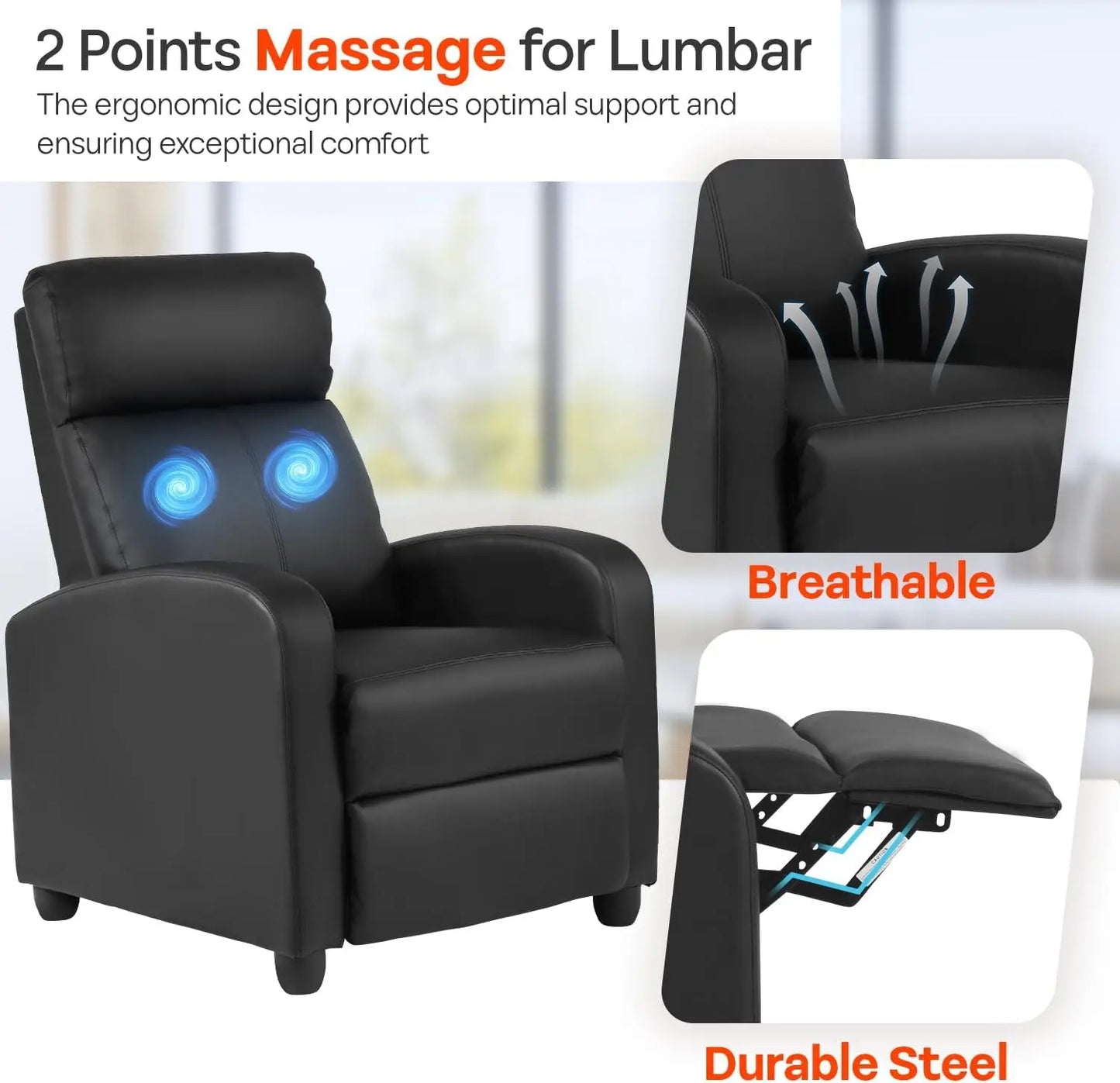 Massage Recliner Chair with Lumbar Support and Adjustable Backrest