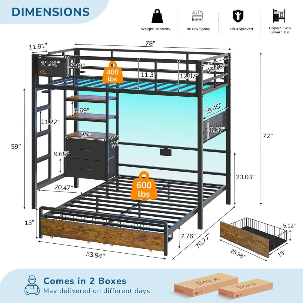 Twin Over Full Bunk Bed with LED Lights, Charging Station, 4 Drawers & Bookshelf