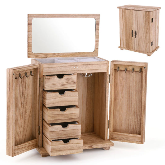 Elegant 5-Layer Wood Jewelry Organizer with Built-In Mirror