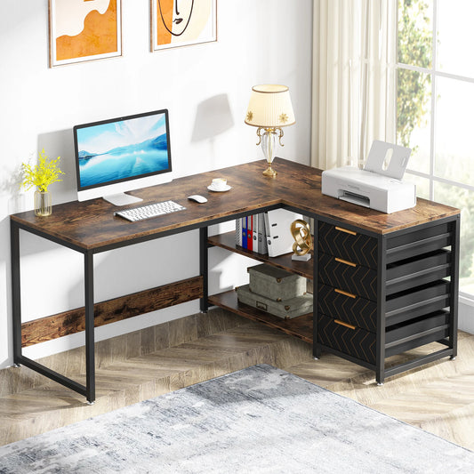 L-Shaped Computer Desk with Storage Drawer and Shelves