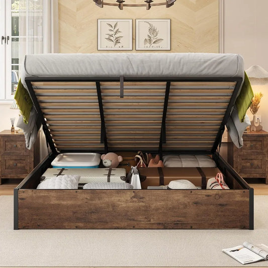 Lift Up Storage Bed, King/Queen/Full Bed Frame with Storage Underneath
