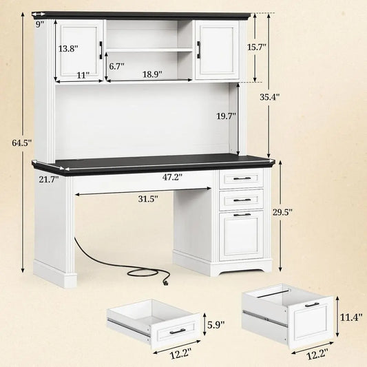 Executive Computer Desk with 3 Storage Drawers and Hutch Cabinet