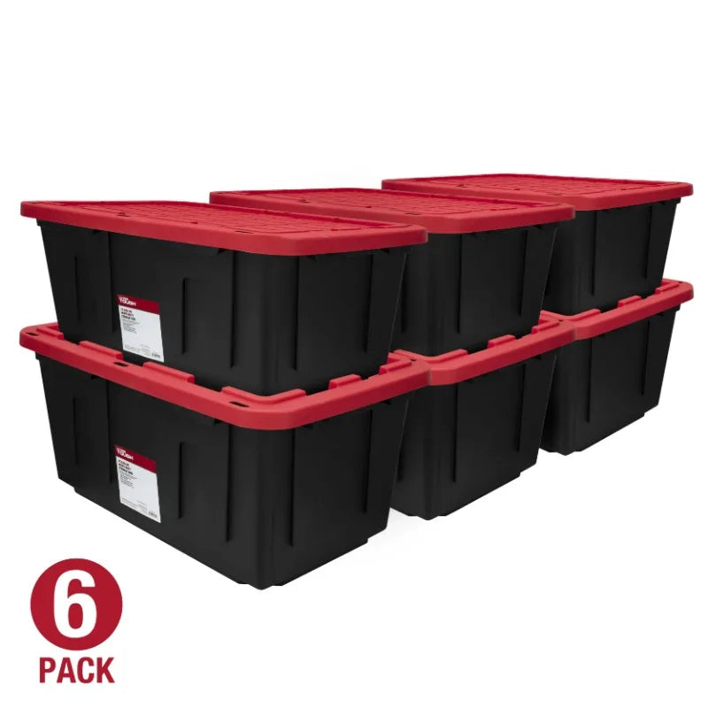 (6 pack/ 4pack) Hyper Tough 27 Gallon Large Storage Bin, 27 Gallon Plastic Storage Container with Snap-On Lid, Black and Red