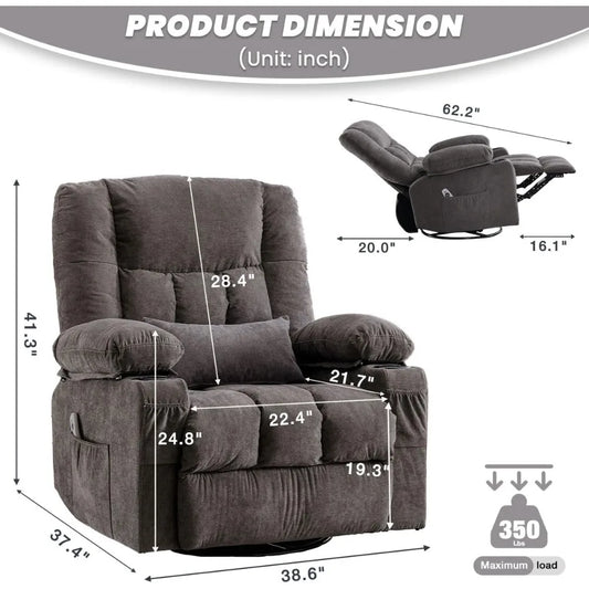 Oversized Massage Recliner Chair with Heating, USB Port & Cup Holder