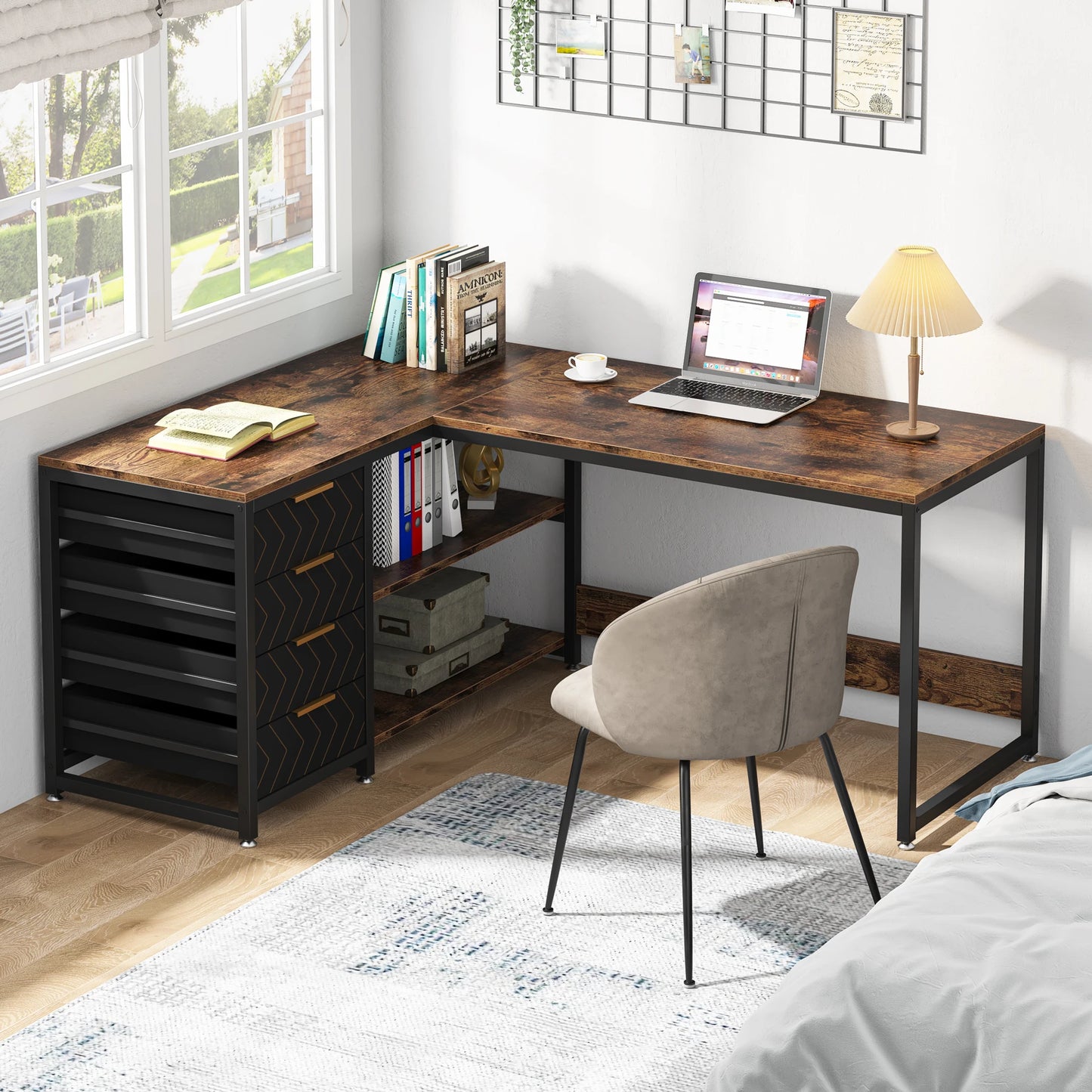 L-Shaped Computer Desk with Storage Drawer and Shelves