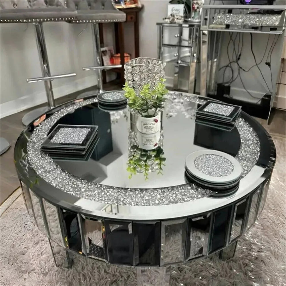 24" Crushed Crystal Round Mirrored Coffee/Accent Table