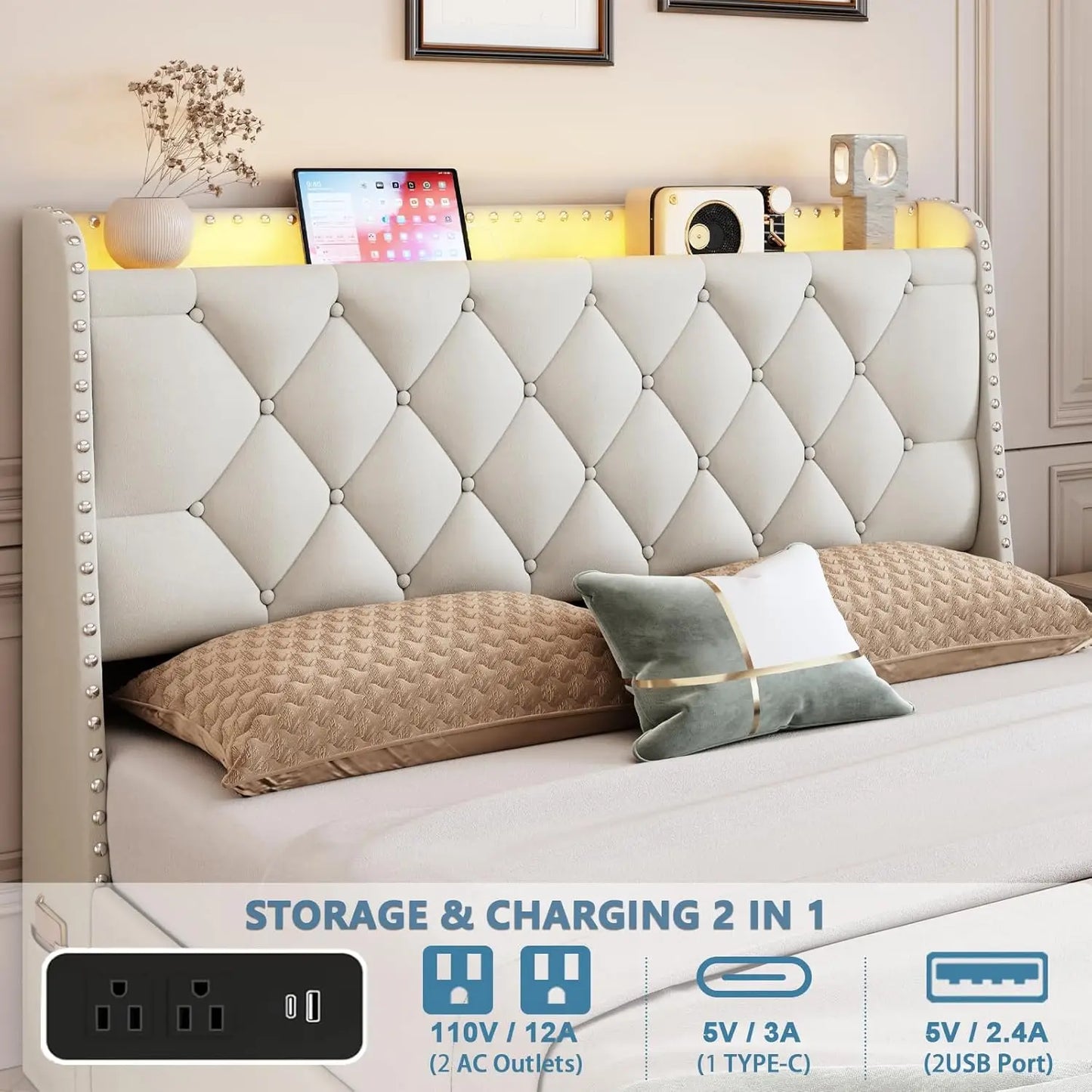Beige Queen Size Bed Frame with 4 Drawers & Storage Headboard
